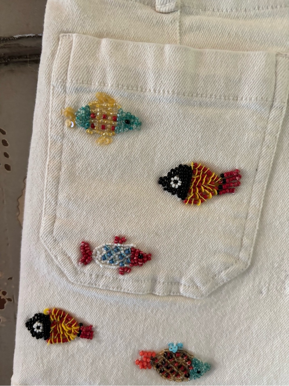 Anthropologie White Cotton Shorts with Multicolor Fish Embroidery - Picture 5 of 11